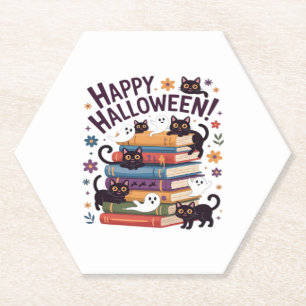 Ghost Cat Reading Books Lover Gifts Halloween Spoo Paper Coaster