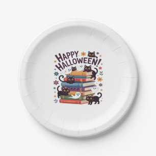 Ghost Cat Reading Books Lover Gifts Halloween Spoo Paper Plate