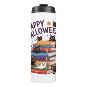 Ghost Cat Reading Books Lover Gifts Halloween Spoo Thermal Tumbler