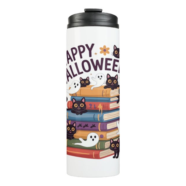 Ghost Cat Reading Books Lover Gifts Halloween Spoo Thermal Tumbler (Front)