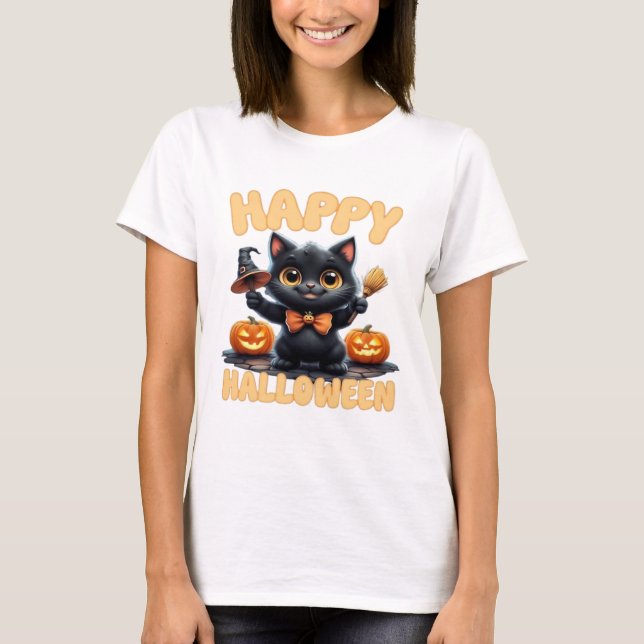 Ghost Cat Tee, Halloween Shirt, Spooky Cute, Unise T-Shirt (Front)