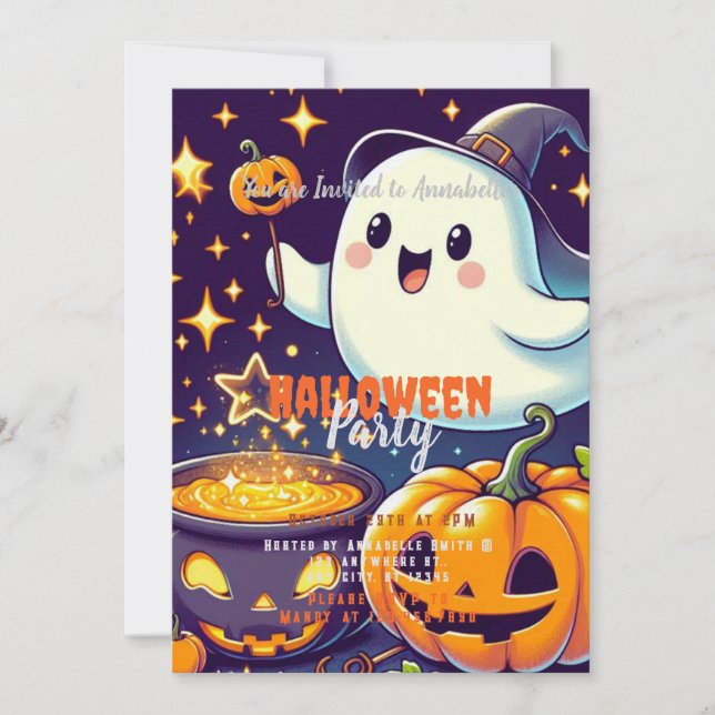 Ghost, Cauldron, Pumpkin, Stars Halloween Party Invitation (Front)