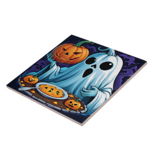Ghost celebrating Halloween with pumpkins Ceramic Tile