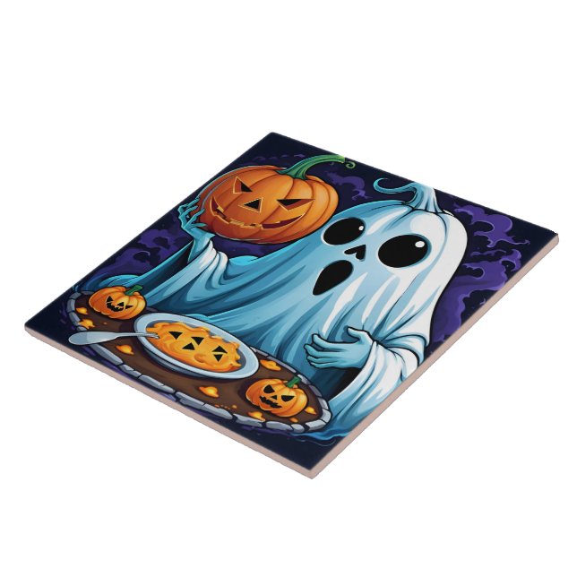 Ghost celebrating Halloween with pumpkins Ceramic Tile (Side)
