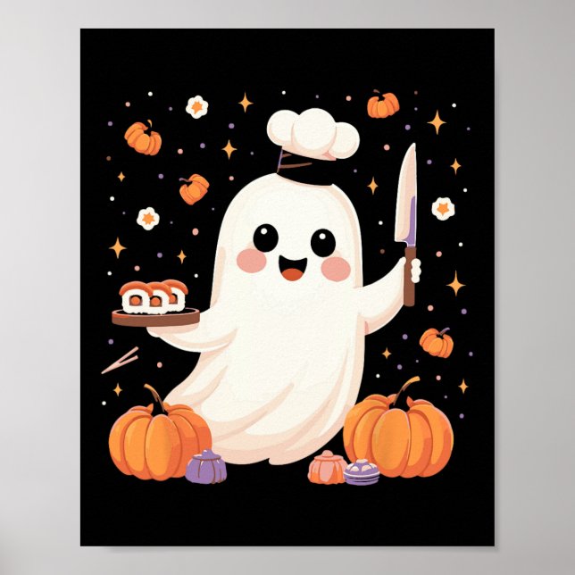 Ghost Chef With Sushi Tray Funny Halloween Spooky  Poster (Front)