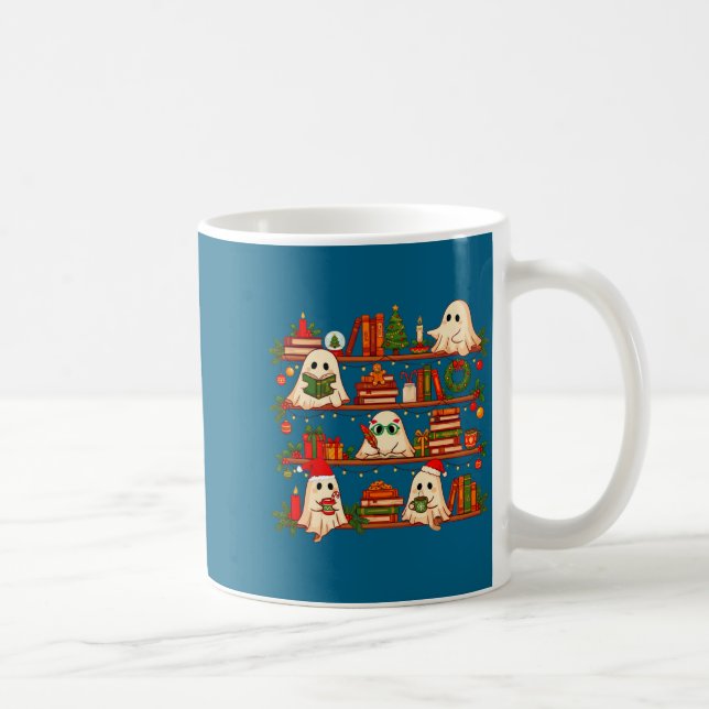 Ghost Christmas Hat Reading Book Bookshelf Lover L Coffee Mug (Right)