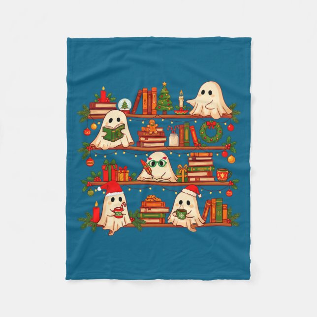 Ghost Christmas Hat Reading Book Bookshelf Lover L Fleece Blanket (Front)