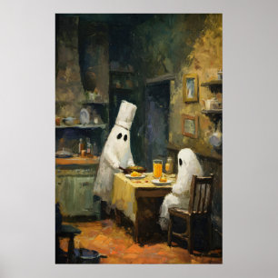Ghost Cooking Date Painting, Printed Halloween Poster