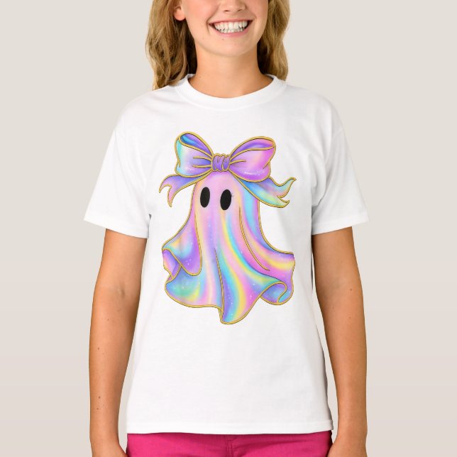 Ghost Coquette Halloween Bow Cute Spooky Girls T-Shirt (Front)