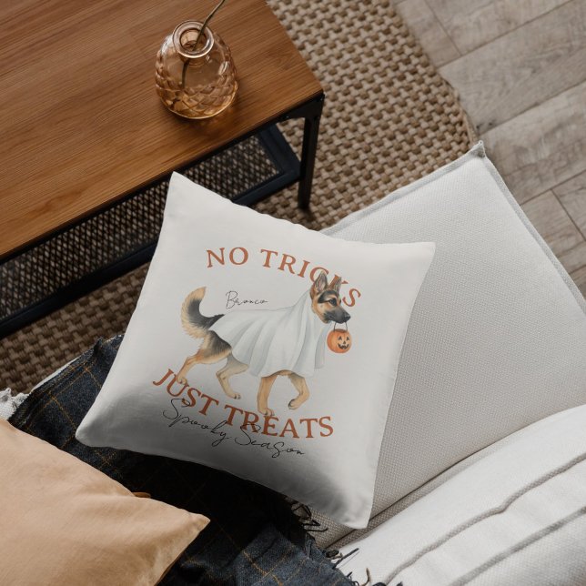 Ghost Costume Dog German Shepherd Spooky Season Cushion (Elevate your fall home decor with this Ghost Costume Dog German Shepherd Spooky Season throw pillow!)