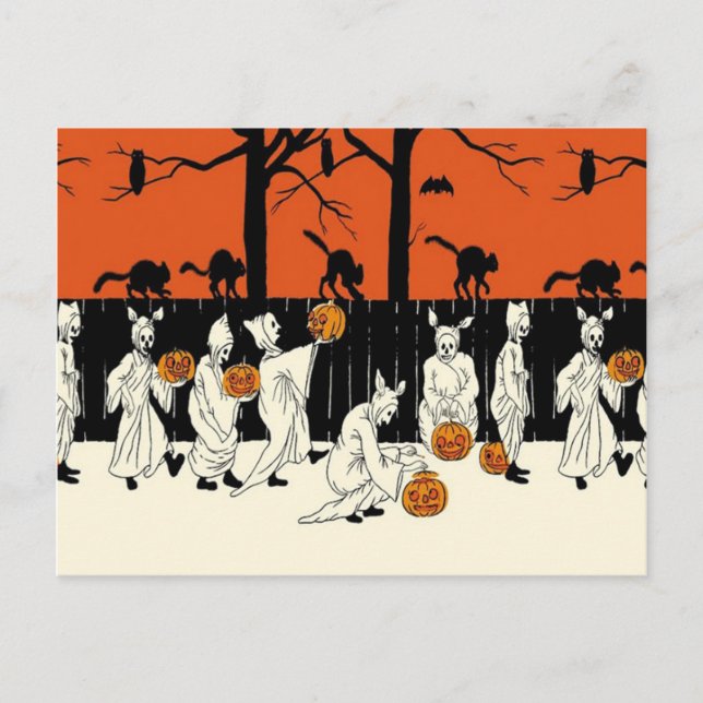Ghost Costume Jack O Lantern Black Cat Owl Bat Postcard (Front)