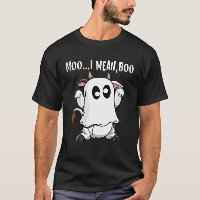 Ghost Cow Moo I Mean Boo Funny Pumpkin Farmer Hall T-Shirt (Front)