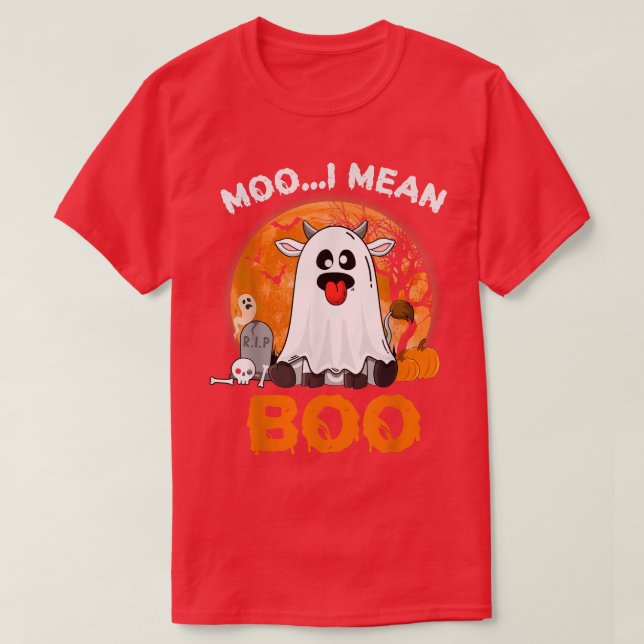 Ghost Cow Moo I Mean Boo Pumpkin Moon Halloween Fa T-Shirt (Design Front)
