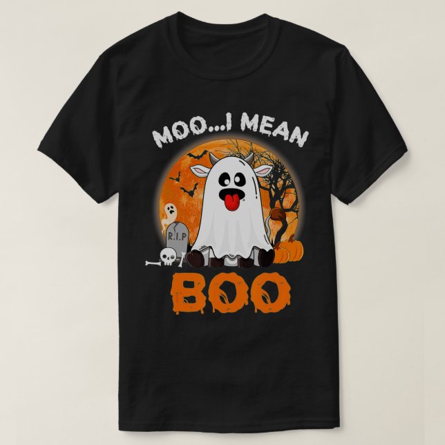 Ghost Cow Moo I Mean Boo Pumpkin Moon Halloween Fa T-Shirt (Design Front)