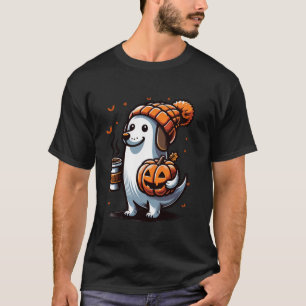 Ghost Dachshund Dog Pumpkin Drinks Beanie Fall Hal T-Shirt