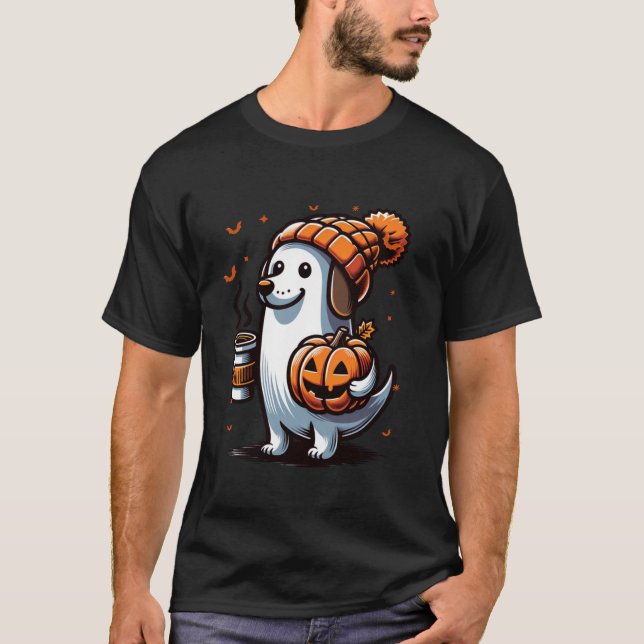 Ghost Dachshund Dog Pumpkin Drinks Beanie Fall Hal T-Shirt (Front)