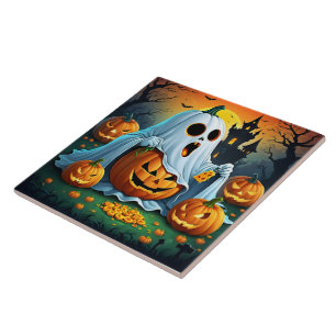 Ghost delights in Halloween treats! 🎃 Ceramic Tile