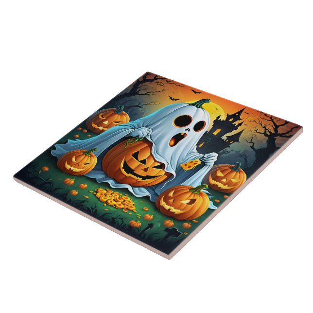 Ghost delights in Halloween treats! 🎃 Ceramic Tile (Side)