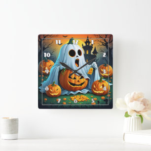 Ghost delights in Halloween treats! 🎃 Square Wall Clock