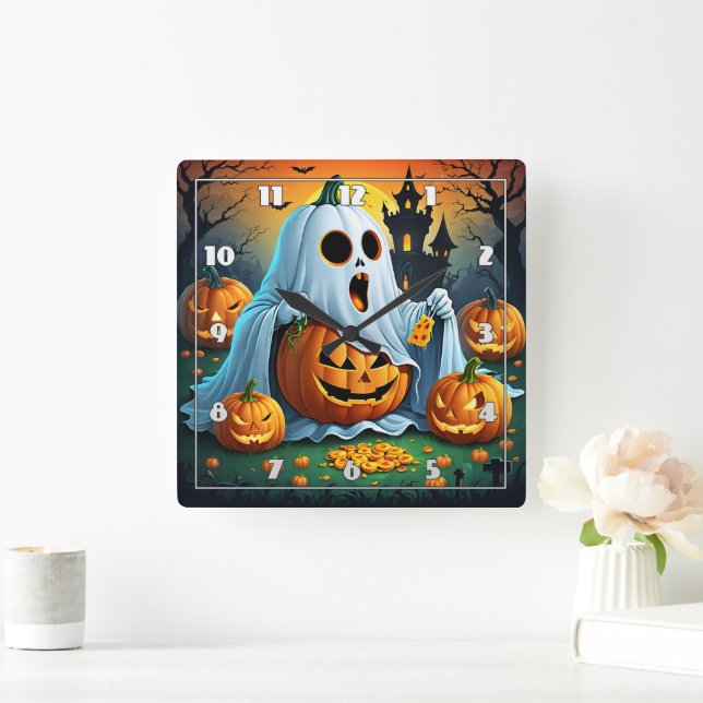 Ghost delights in Halloween treats! 🎃 Square Wall Clock (Home)