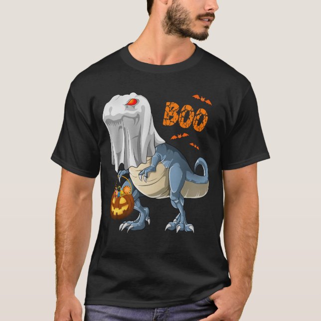 Ghost Dinosaur T rex Funny Boo Halloween Pumpkin T-Shirt (Front)