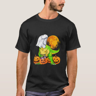 Ghost Dinosaur T Rex Pumpkin With Moon Halloween T-Shirt