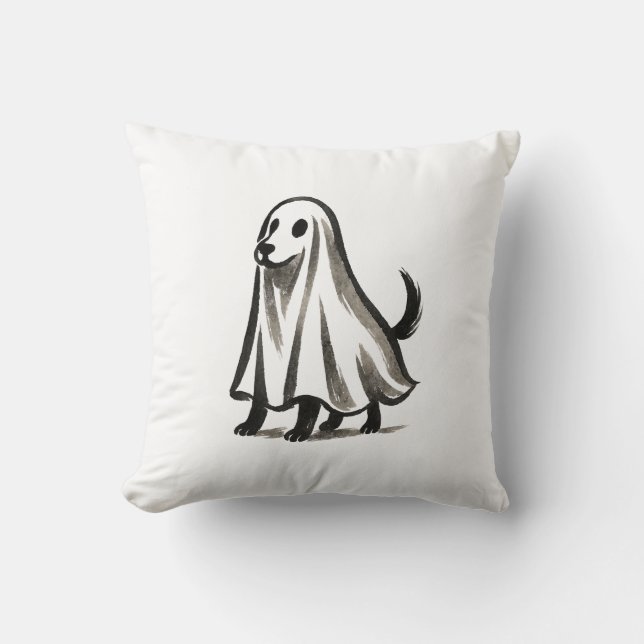 Ghost Dog in Costume – Halloween Ink Style on Cushion (Front)