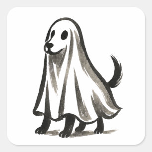 Ghost Dog in Costume – Halloween Ink Style on Square Sticker