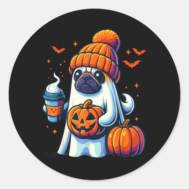 Ghost Dog Pumpkin Drinks Beanie Fall Halloween Classic Round Sticker (Front)