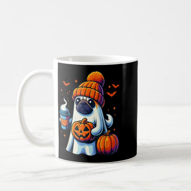 Ghost Dog Pumpkin Drinks Beanie Fall Halloween Coffee Mug (Left)