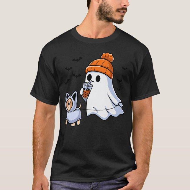 Ghost Drinking Bubble Tea Dog Halloween Costume Me T-Shirt (Front)