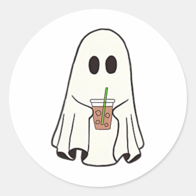 Ghost Drinking Coffee Funny Halloween Costume Coff Classic Round Sticker (Front)