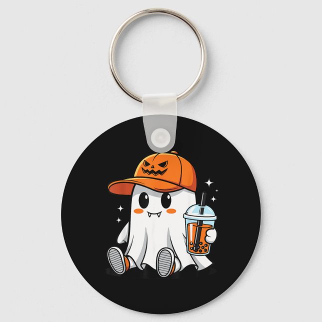 Ghost Drinking Coffee Funny Halloween Costume Key Ring (Front)