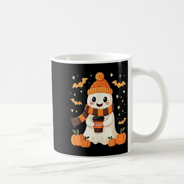 Ghost Drinking Coffee Halloween Cute Ghost Ice Cof Coffee Mug (Right)