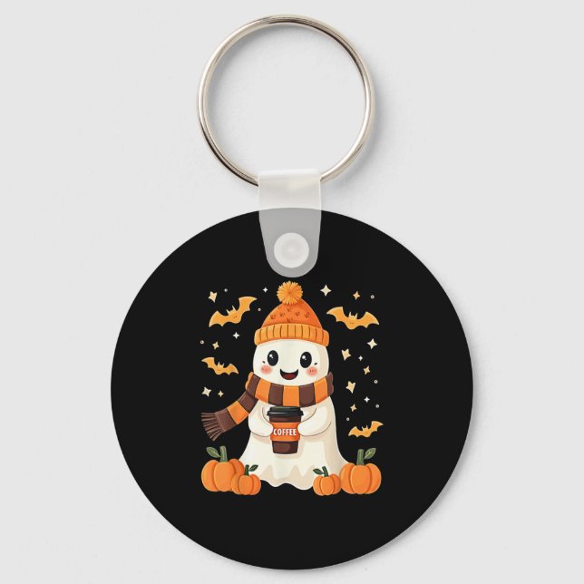 Ghost Drinking Coffee Halloween Cute Ghost Ice Cof Key Ring (Front)
