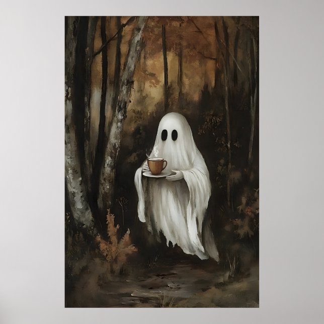 Ghost Drinking Coffee In Fall Forest Print, Ghost Poster (Front)