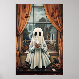 Ghost drinking coffee print, ghost tea whimsical poster