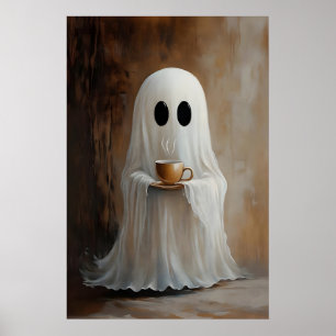 Ghost Drinking Coffee Print, Ghost Tea Whimsical Poster