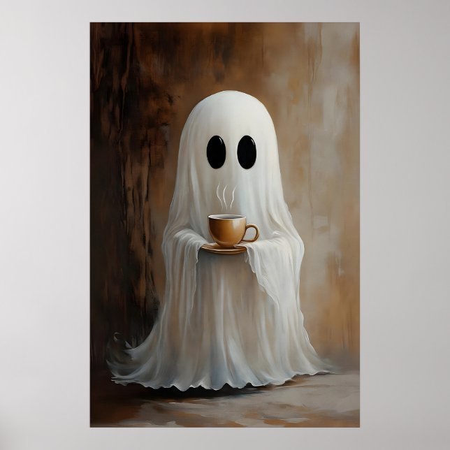 Ghost Drinking Coffee Print, Ghost Tea Whimsical Poster (Front)