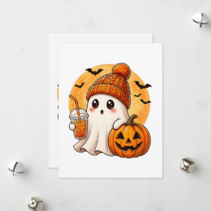 Ghost Drinking Iced Coffee with Pumpkin Halloween Holiday Card