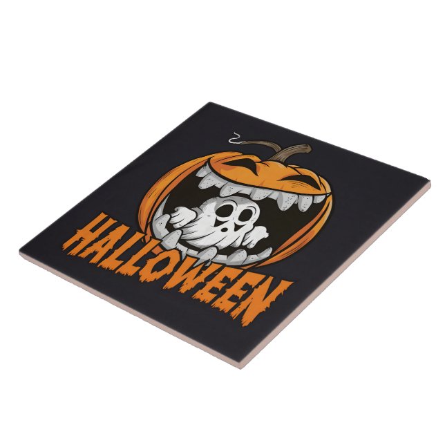 Ghost emerging from a giant Halloween pumpkin Ceramic Tile (Side)
