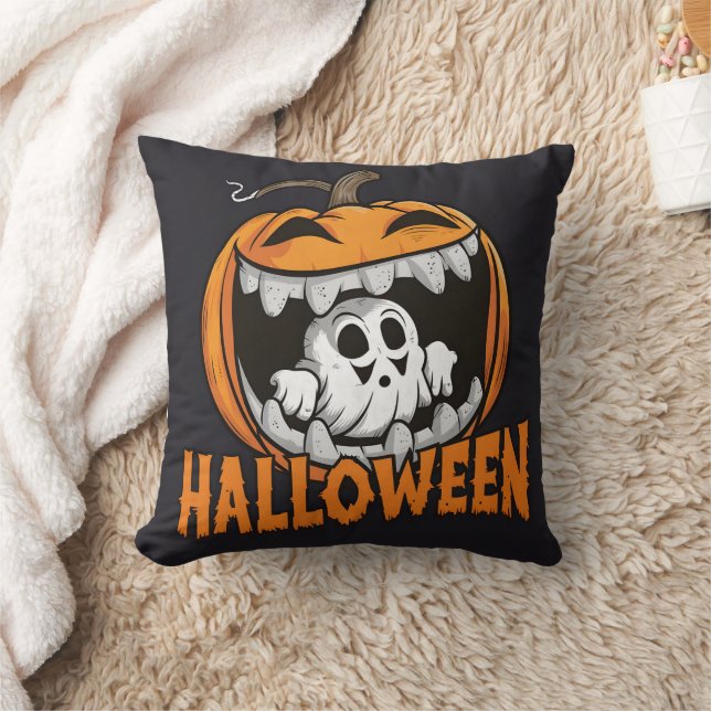 Ghost emerging from a giant Halloween pumpkin Cushion (Blanket)