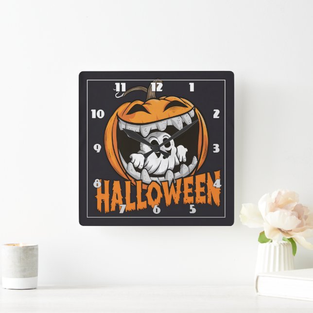 Ghost emerging from a giant Halloween pumpkin Square Wall Clock (Home)