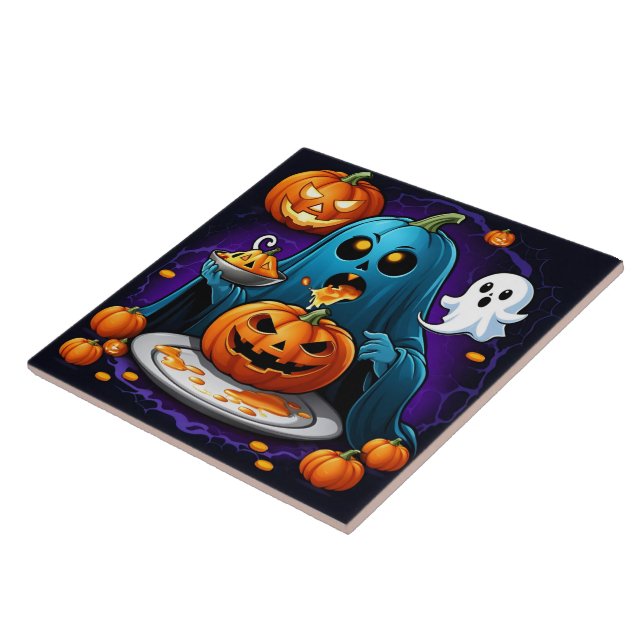 Ghost feasts on pumpkins during Halloween night Ceramic Tile (Side)