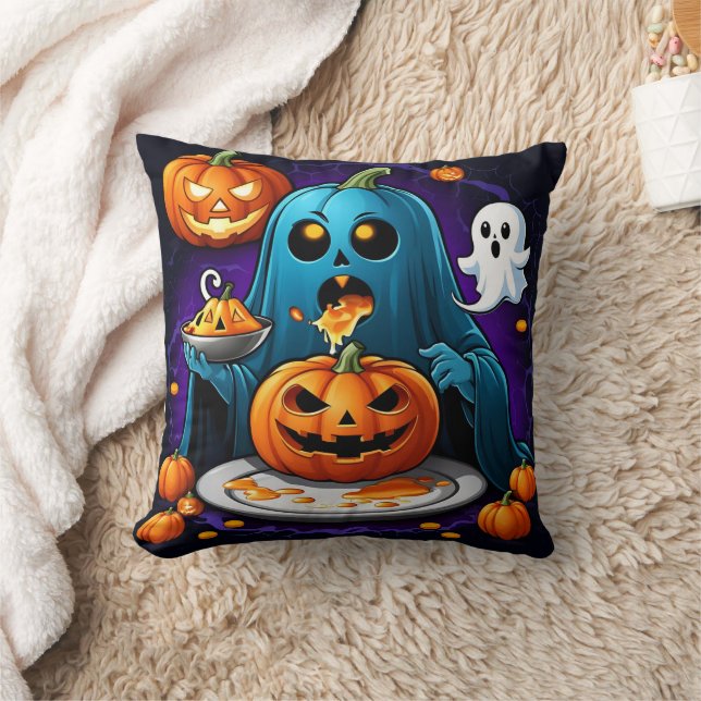 Ghost feasts on pumpkins during Halloween night Cushion (Blanket)