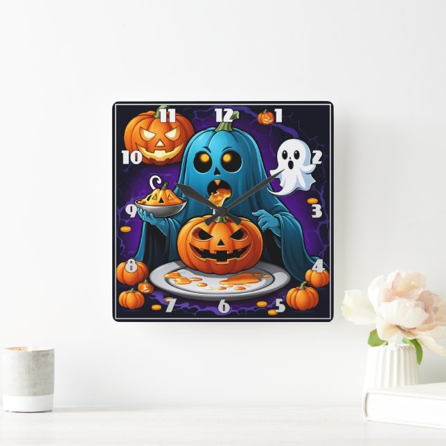 Ghost feasts on pumpkins during Halloween night Square Wall Clock (Home)