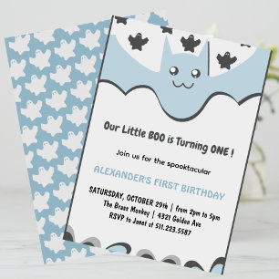 Ghost Flying bat Little boo Halloween 1st Birthday Invitation