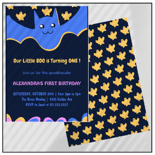 Ghost Flying bat Little boo Halloween 1st Birthday Invitation