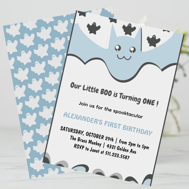 Ghost Flying bat Little boo Halloween 1st Birthday Invitation (Halloween-1st-Birthday-Invitation-Ghost-Flying-bat-Little-boo-blue-1)