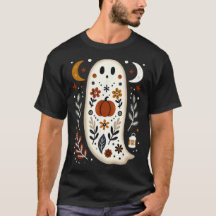 Ghost Folk Art Floral Autumn Fall Pumpkin Spooky H T-Shirt